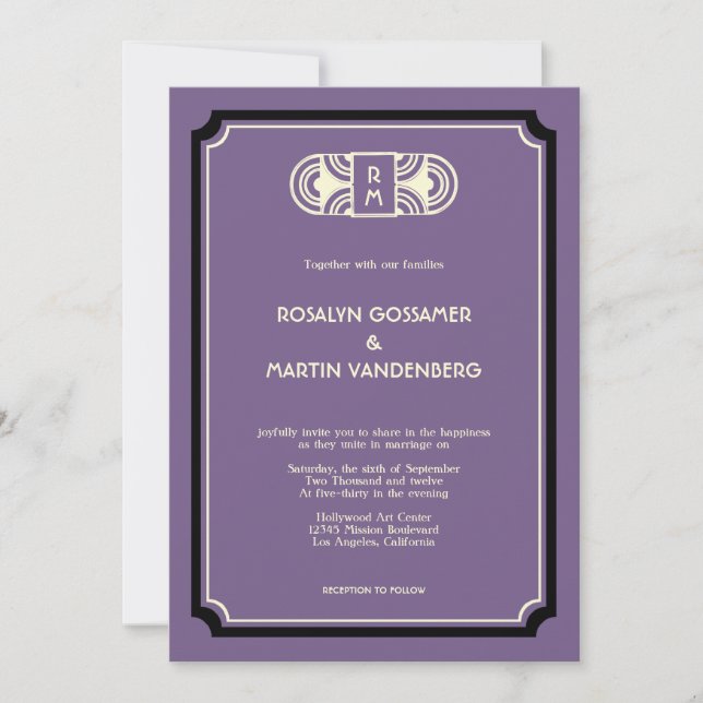 Deep purple art deco retro Hollywood glam wedding Invitation (Front)