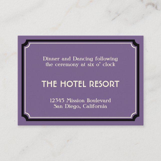Deep purple art deco retro wedding reception enclosure card (Front)
