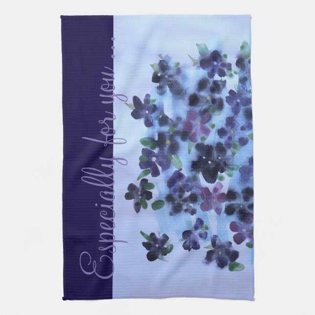 Deep Purple Blue Flowers Tea Towel (Vertical)