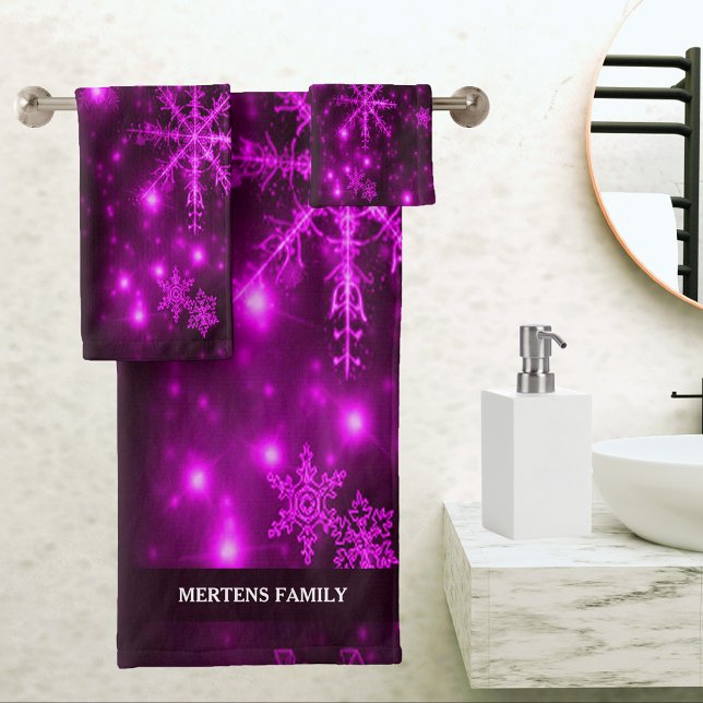 Deep Purple Bright Snowflakes Holidays Name Bath Towel Set (Deep Purple Bright Snowflakes Holidays Name Bath Towel Set)