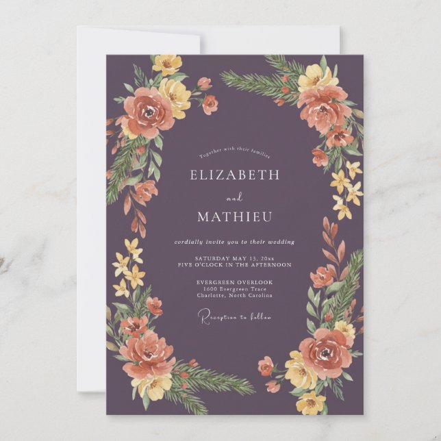 Deep Purple Coral Wreath Wedding Invitation (Front)