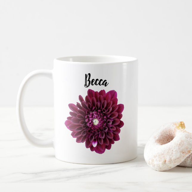 Deep Purple Dahlia Flower Personalised Mug (With Donut)
