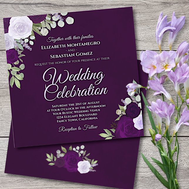 Deep Purple Elegant Lavender & Plum Roses Wedding Invitation (Creator Uploaded)