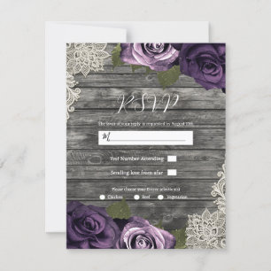 Deep Purple Floral Roses Rustic Lace Wedding RSVP  Invitation
