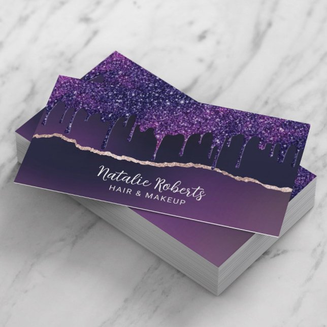 Deep Purple Glitter Drips Gold Agate Beauty Salon Business Card (Creator Uploaded)