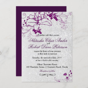 Deep Purple Glitter Silver Floral Wedding Invitation