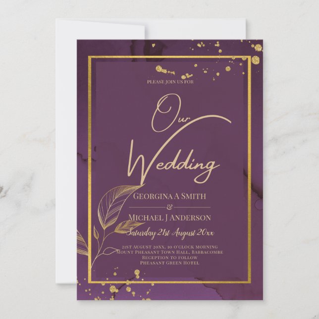 DEEP PURPLE GOLD LEAVES Wedding Invite (Front)