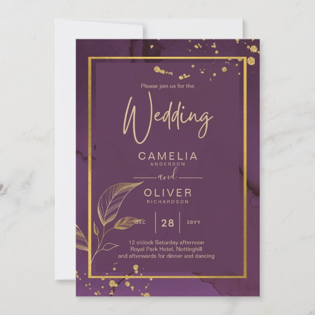 DEEP PURPLE GOLD LEAVES Wedding Invite (Front)