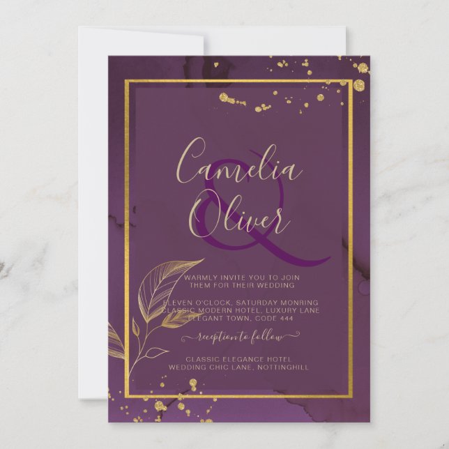 DEEP PURPLE GOLD LEAVES Wedding Invite (Front)
