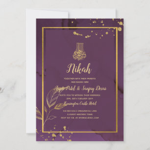 DEEP PURPLE GOLD LEAVES Wedding Invite