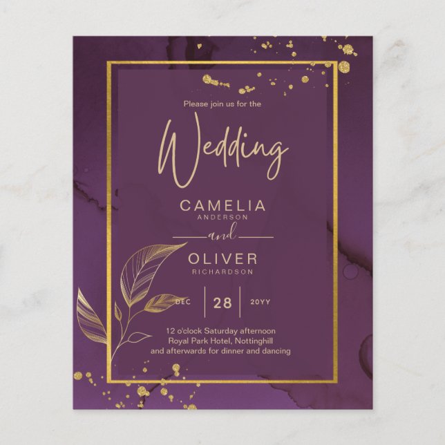DEEP PURPLE GOLD LEAVES Wedding Invite Flyer (Front)