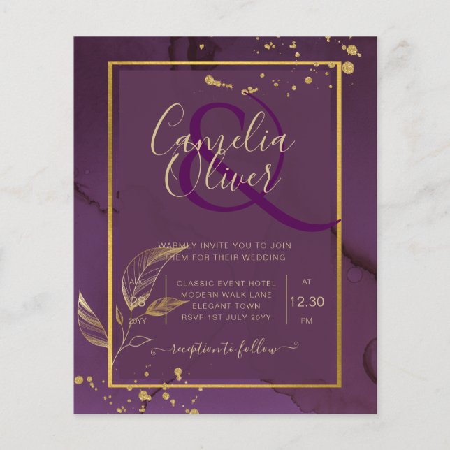 DEEP PURPLE GOLD LEAVES Wedding Invite Flyer (Front)
