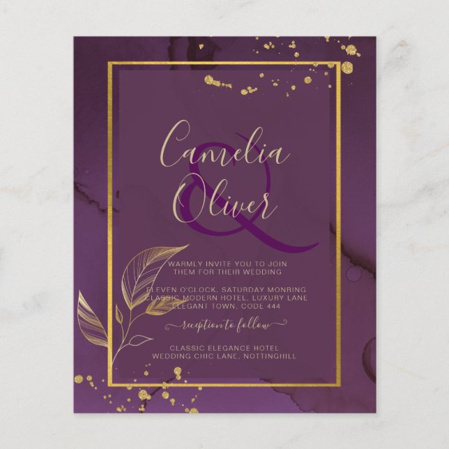 DEEP PURPLE GOLD LEAVES Wedding Invite Flyer (Front)