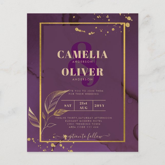 DEEP PURPLE GOLD LEAVES Wedding Invite Flyer (Front)