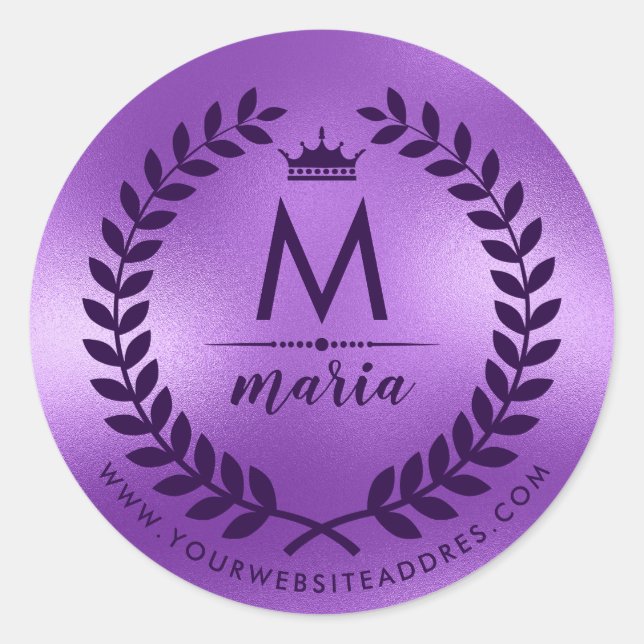Deep-Purple Laurel Wreath On Shiny Purple Classic Round Sticker (Front)
