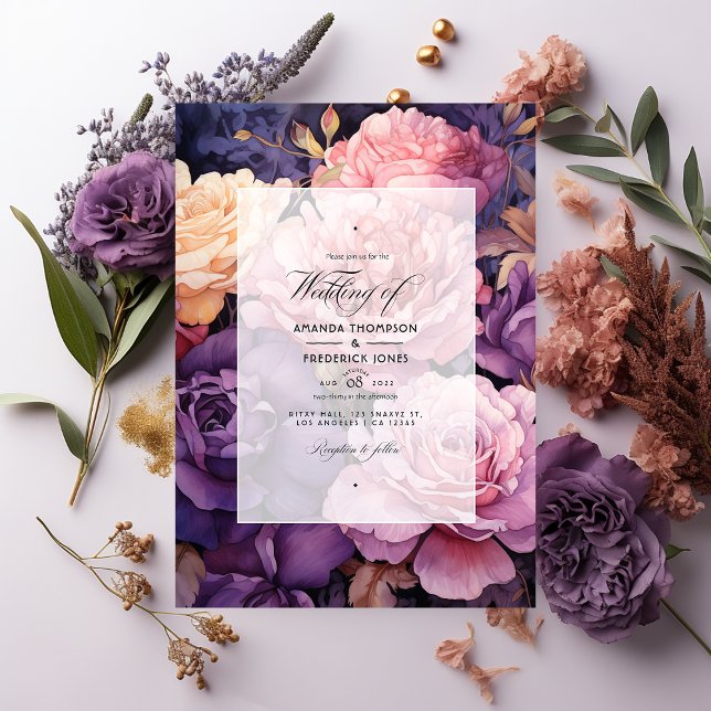 Deep Purple, Lavender and Rose Gold Floral Wedding Invitation (Creator Uploaded)
