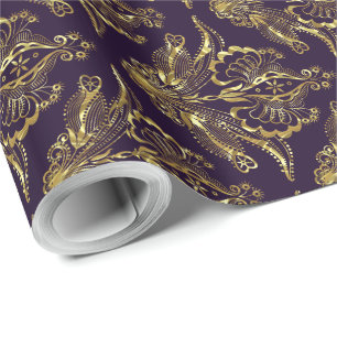 Deep Purple & Metallic Gold Foil Floral Damasks Wrapping Paper