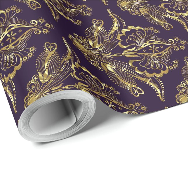 Deep Purple & Metallic Gold Foil Floral Damasks Wrapping Paper (Roll Corner)