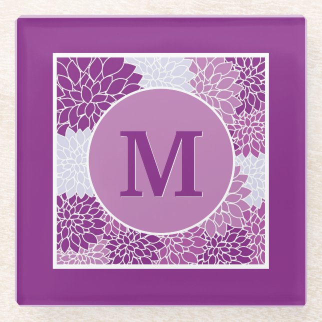 Deep Purple Monogrammed Dahlia Floral Glass Coaster (Front)