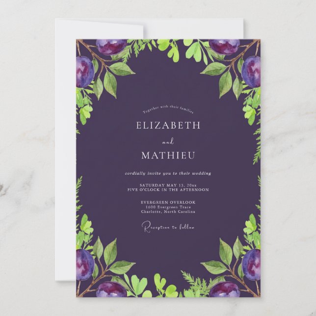 Deep Purple Olive Soft Eucalyptus Wedding Invitation (Front)