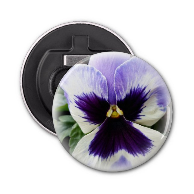 deep purple on white pansy bottle opener (Front)
