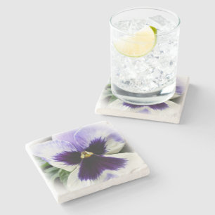 deep purple on white pansy stone coaster