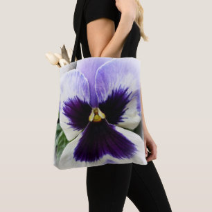 deep purple on white pansy tote bag