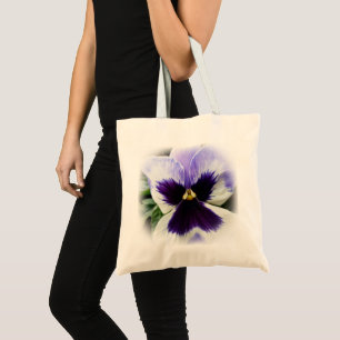 deep purple on white pansy tote bag
