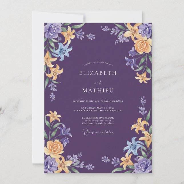 Deep Purple Ornate Botanical Wedding Invitation (Front)