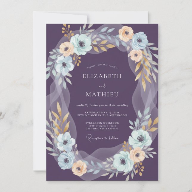 Deep Purple Peach Wreath Wedding Invitation (Front)