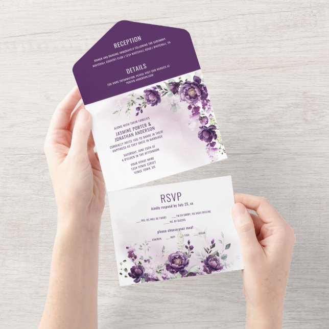 Deep Purple Peonies All in One Wedding Invite (Tearaway)