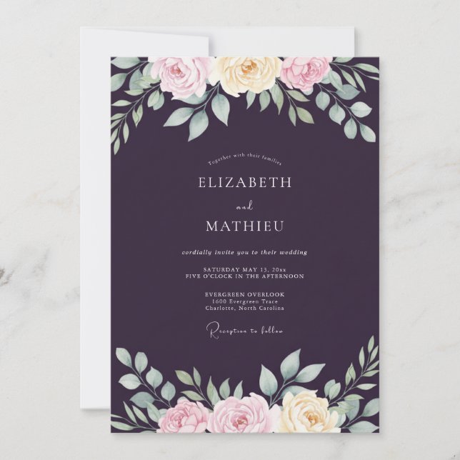 Deep Purple Ranunculus Eucalyptus Wedding Invitation (Front)