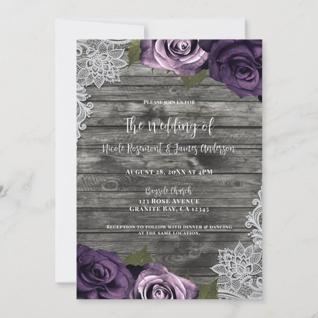 Deep Purple Roses Grey Rustic White Lace Wedding  Invitation (Front)