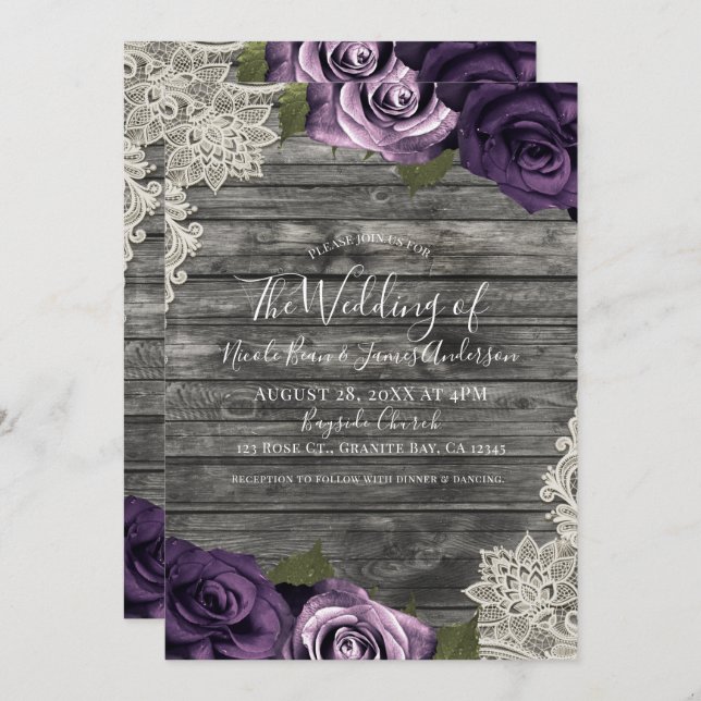 Deep Purple Roses Grey Rustic Wood Lace Wedding Invitation (Front/Back)