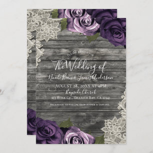 Deep Purple Roses Grey Rustic Wood Lace Wedding Invitation