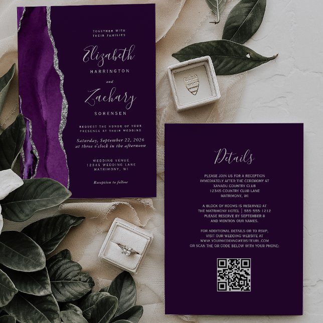 Deep Purple Silver Agate QR Code Wedding Invitation (Creator Uploaded)