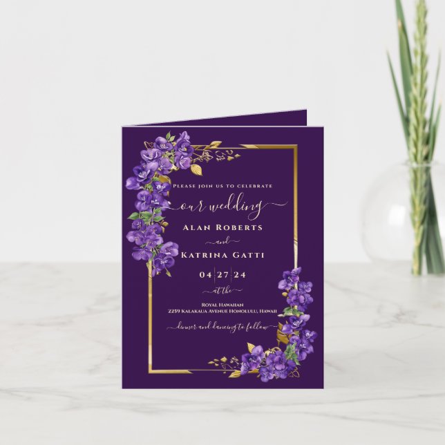 Deep Purple Violet Floral Gold Frame Folded Invitation (Front)