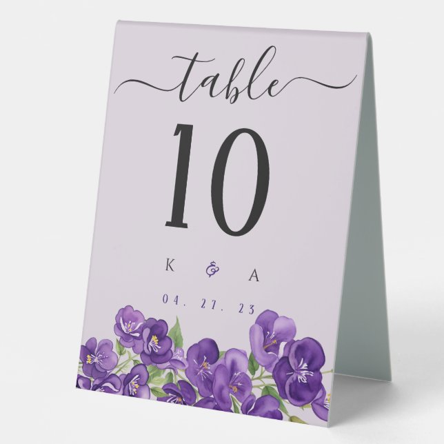 Deep Purple Violets Table Number Tent Sign (Front)