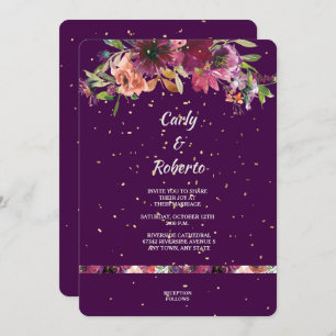 Deep Purple Vivid Floral Gold Confetti Wedding Invitation
