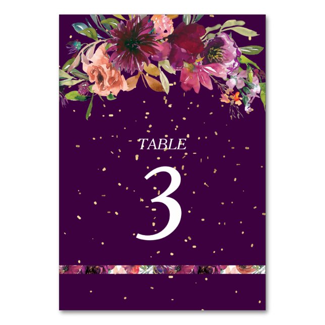 Deep Purple Vivid Floral Gold Confetti Wedding Table Number (Front)