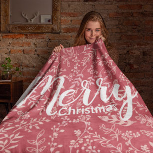 Deep Raspberry Boho Floral Feather Christmas Fleece Blanket