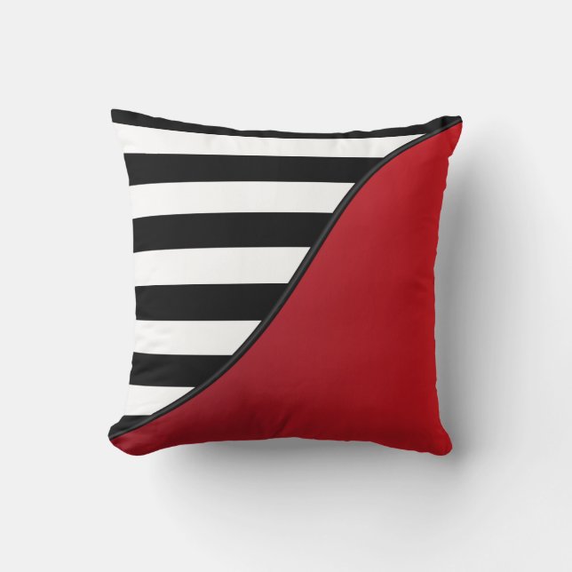 Deep Red and Black and White Stripes Reversible Cushion (Front)