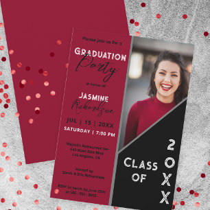 Deep Red and Black Modern Photo Graduation Party Invitation