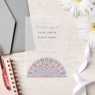 Deep Red and Blue Enchanting Mandala Wedding Vellum Invitations