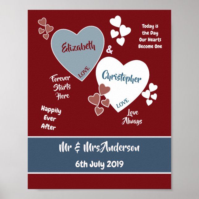 Deep Red and Blue Wedding Sign Poster (Front)