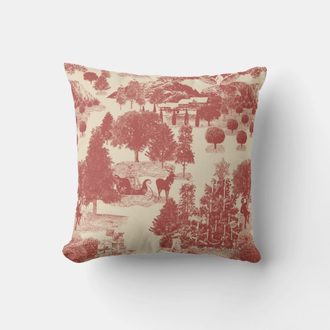 Deep Red and Cream Christmas Winter Wonderland Cushion (Front)