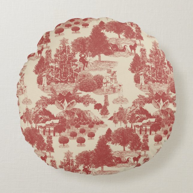 Deep Red and Cream Christmas Winter Wonderland Round Cushion (Front)