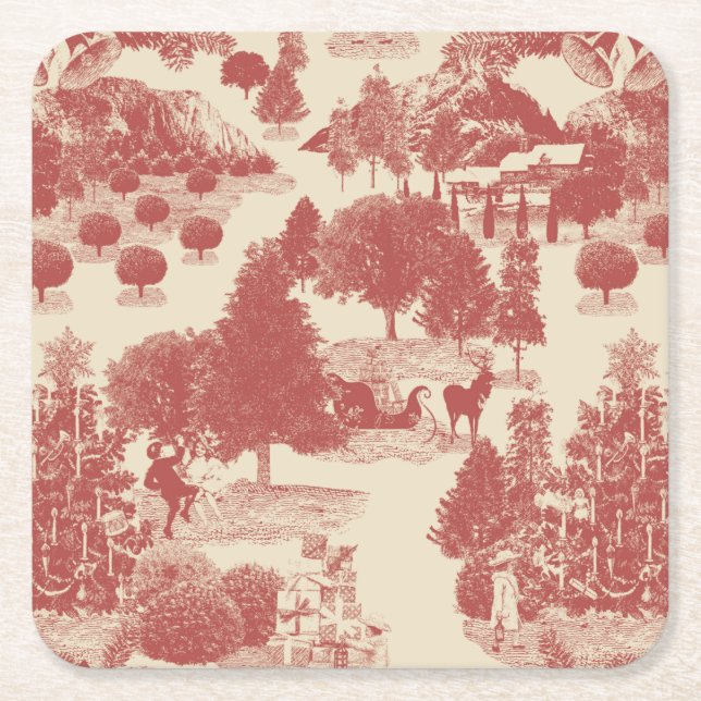 Deep Red and Cream Christmas Winter Wonderland Square Paper Coaster (Front)