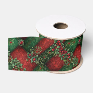 Deep Red and Forest Green Velvet Style Christmas Grosgrain Ribbon