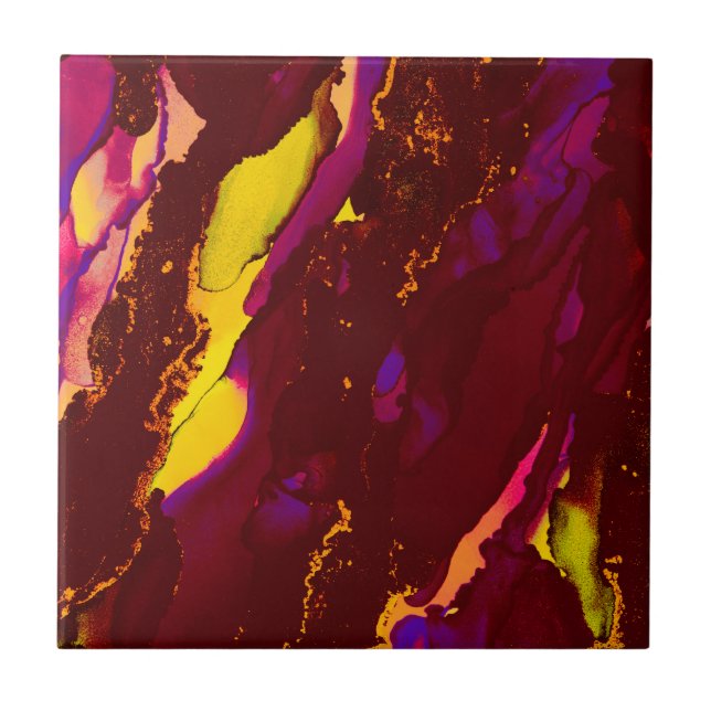 Deep Red and Gold Alcohol Ink Painting Ceramic Tile (Front)